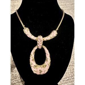 MCM 1950S PINK ENAMEL GOLD LAVA NUGGET DROP PENDANT SNAKE CHAIN 20" NECKLACE EU